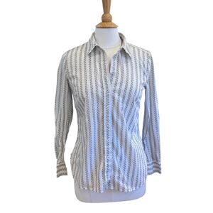 Talbots Cotton Olive Green Floral Stripe Button Down Casual Shirt, Size S